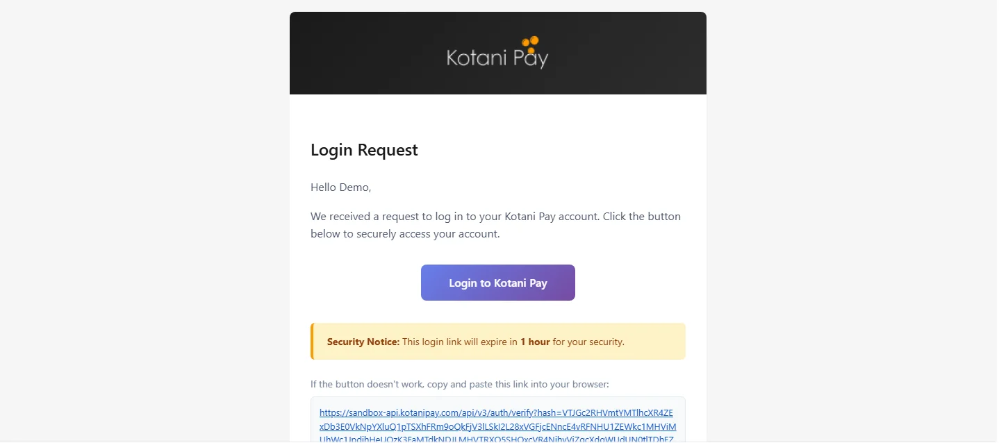 Magic link login email from Kotani Pay