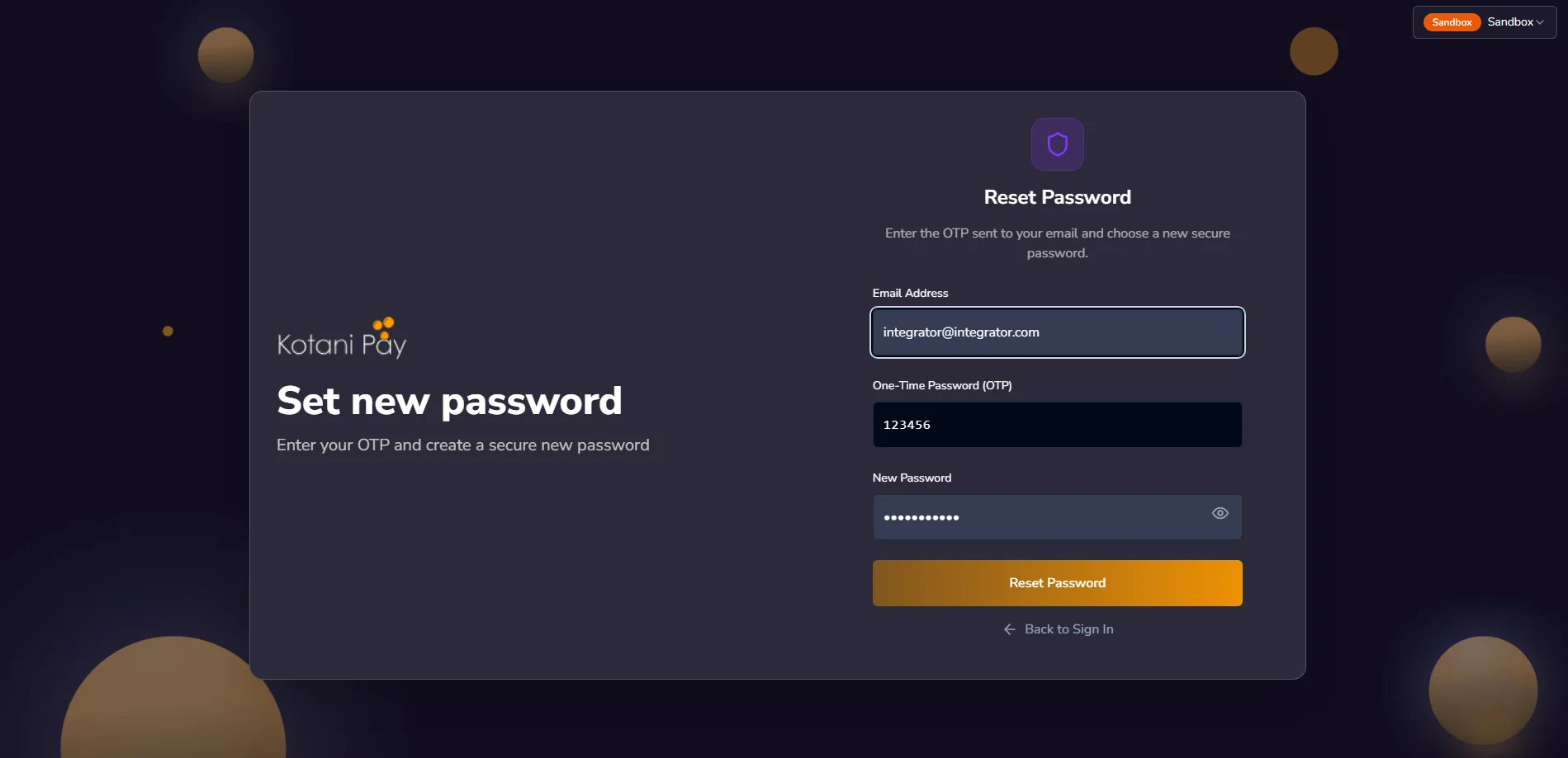 Form to enter OTP and set new password
