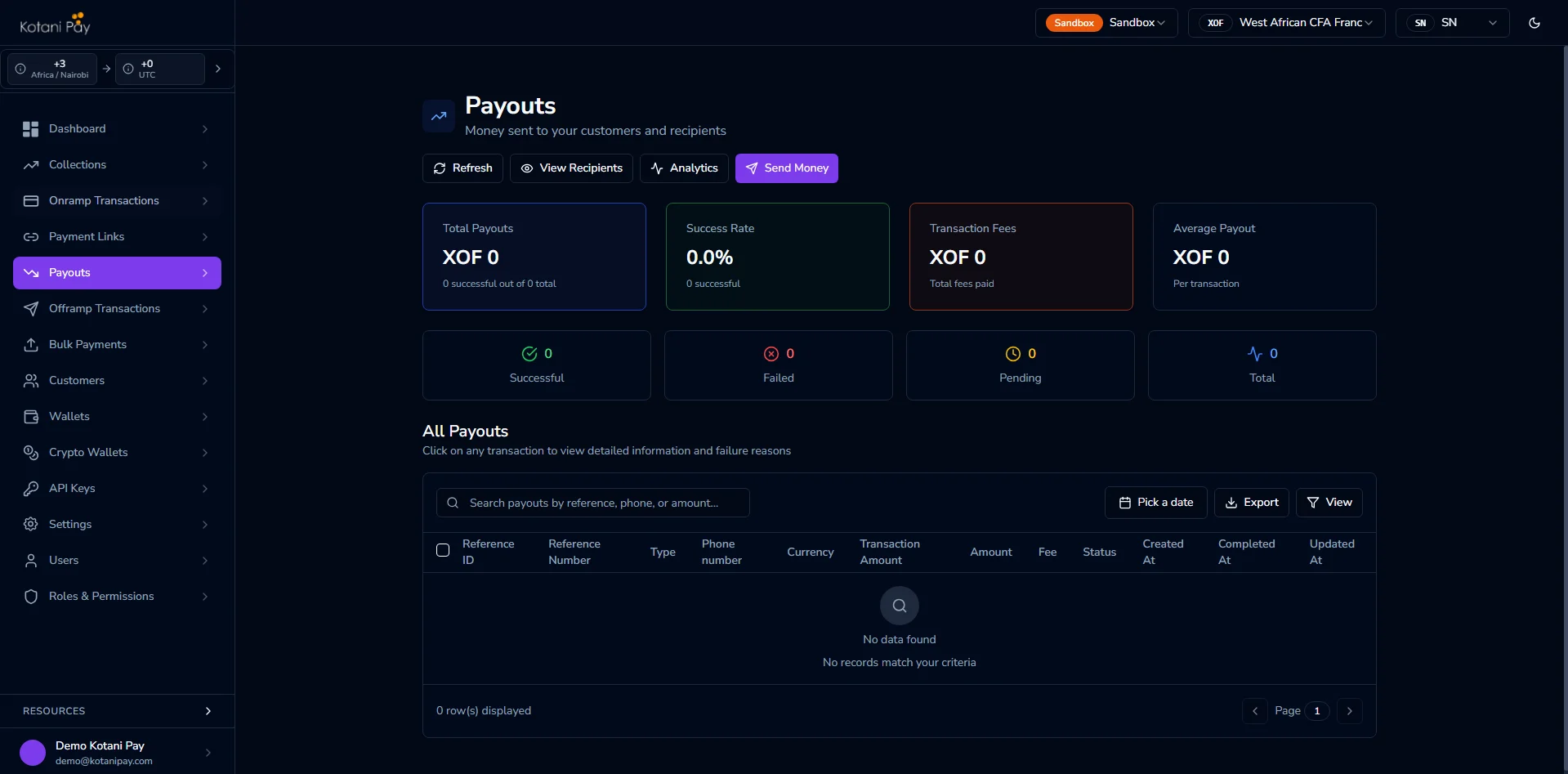 Payouts list in the dashboard