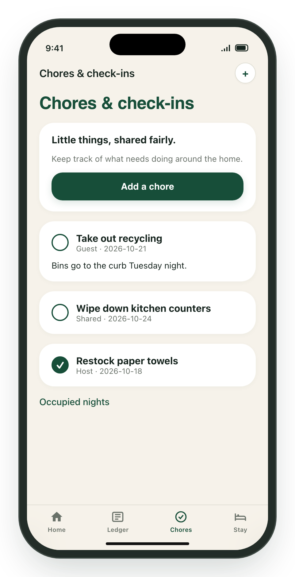 Kouchd iPhone Chores tab with open and completed chores