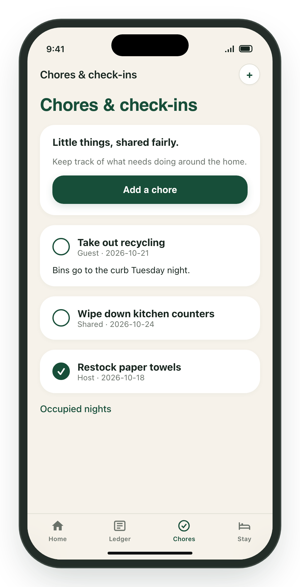 Kouchd iPhone Chores tab with open and completed chores