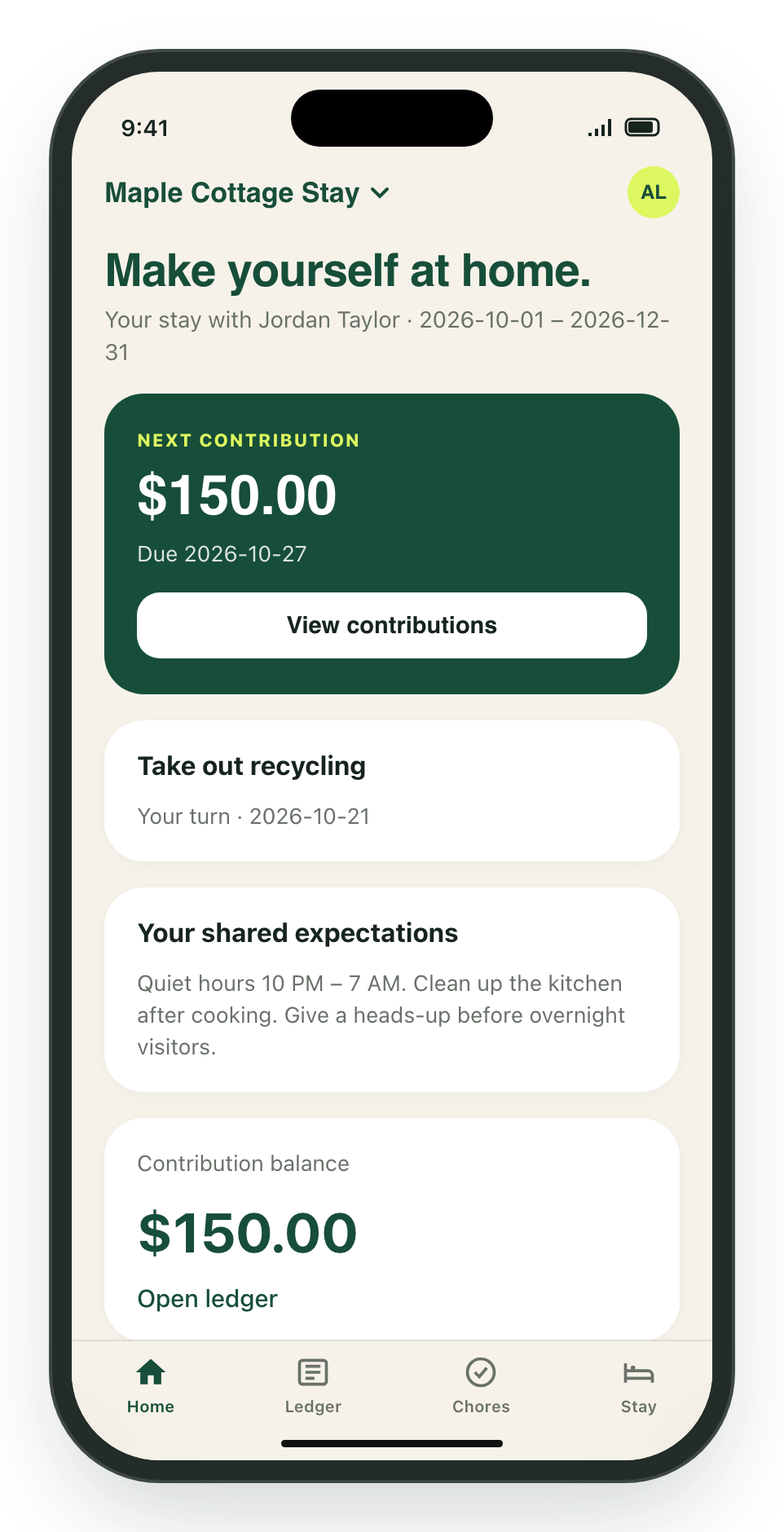 Kouchd iPhone Home tab for a guest, showing the next contribution, an assigned chore, and shared expectations