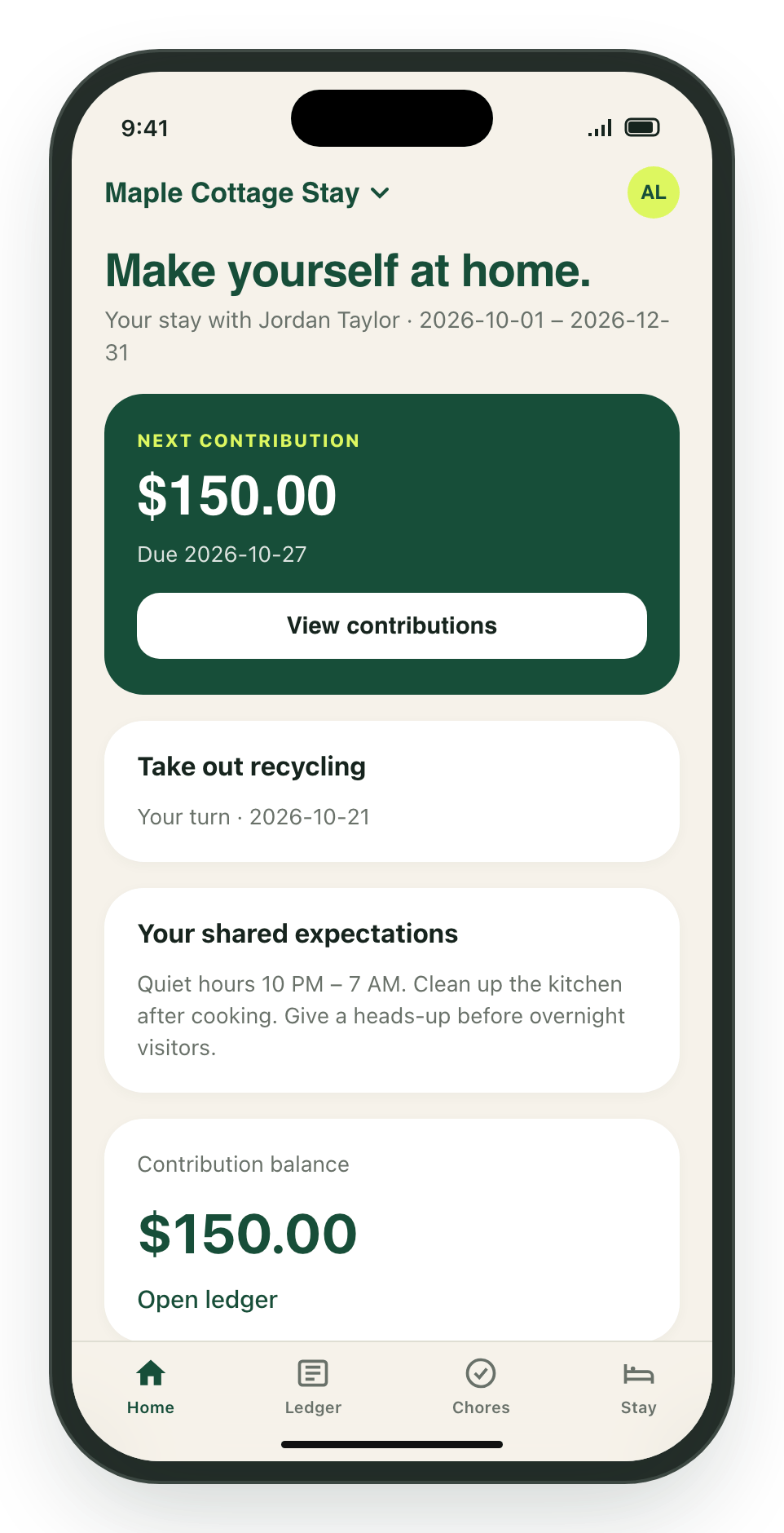 Kouchd iPhone Home tab for a guest, showing the next contribution, an assigned chore, and shared expectations