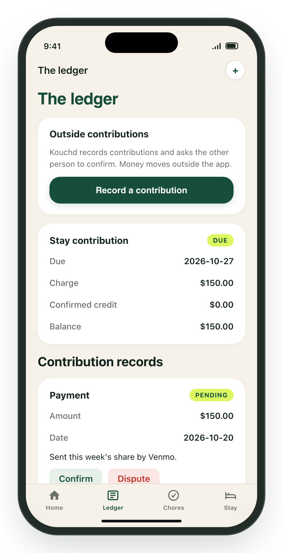 Kouchd iPhone Ledger tab showing a stay contribution that is due and a pending payment record with Confirm and Dispute buttons