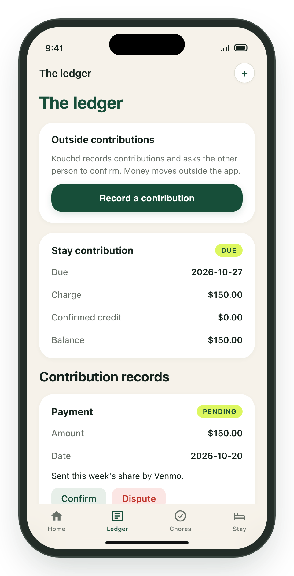 Kouchd iPhone Ledger tab showing a stay contribution that is due and a pending payment record with Confirm and Dispute buttons