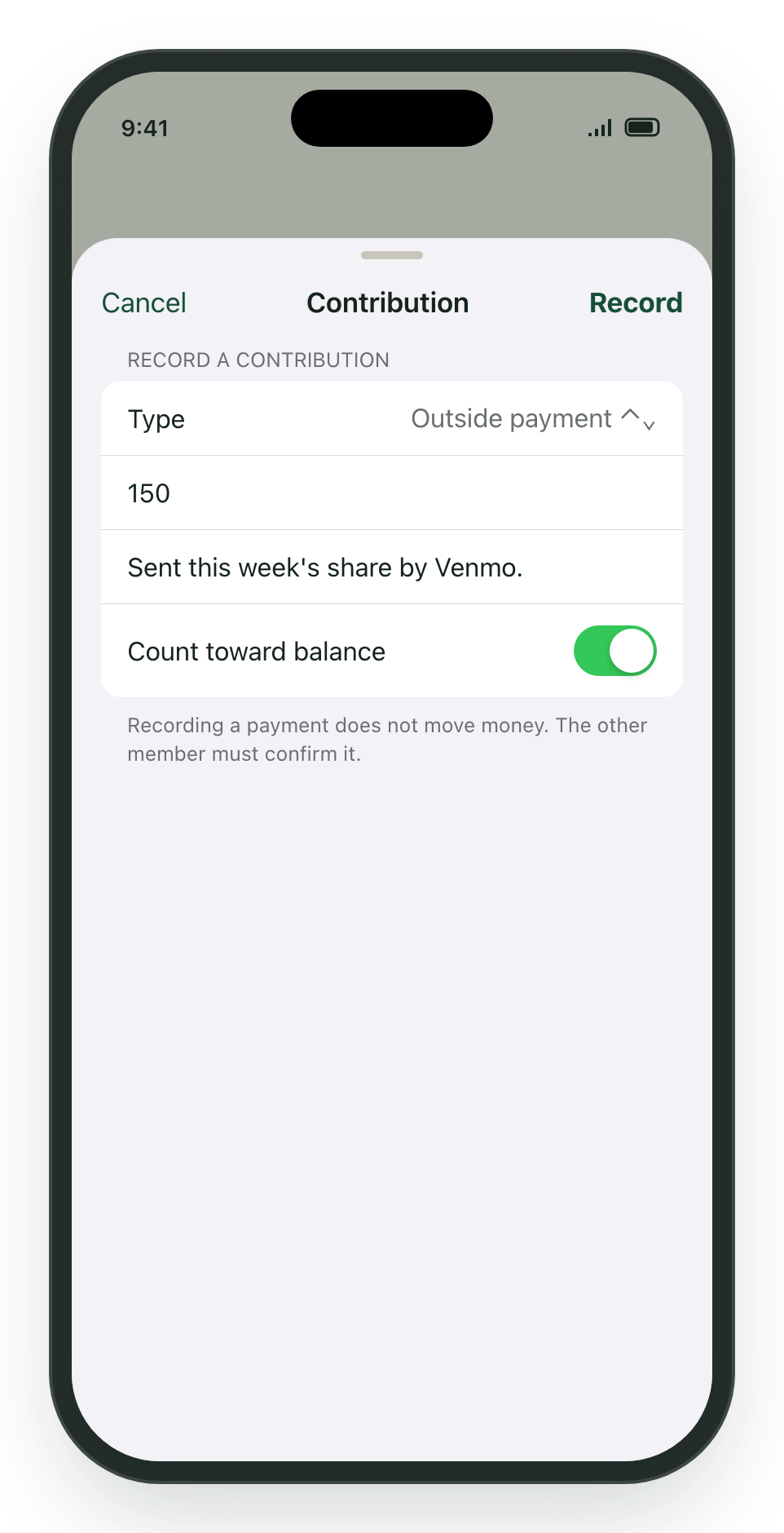 Kouchd iPhone contribution form with type, amount, note, and a Count toward balance switch