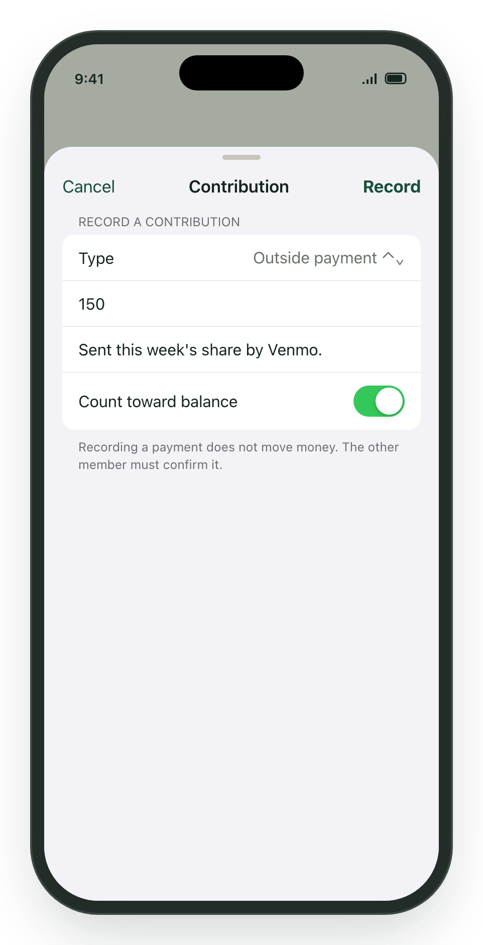 Kouchd iPhone contribution form with type, amount, note, and a Count toward balance switch