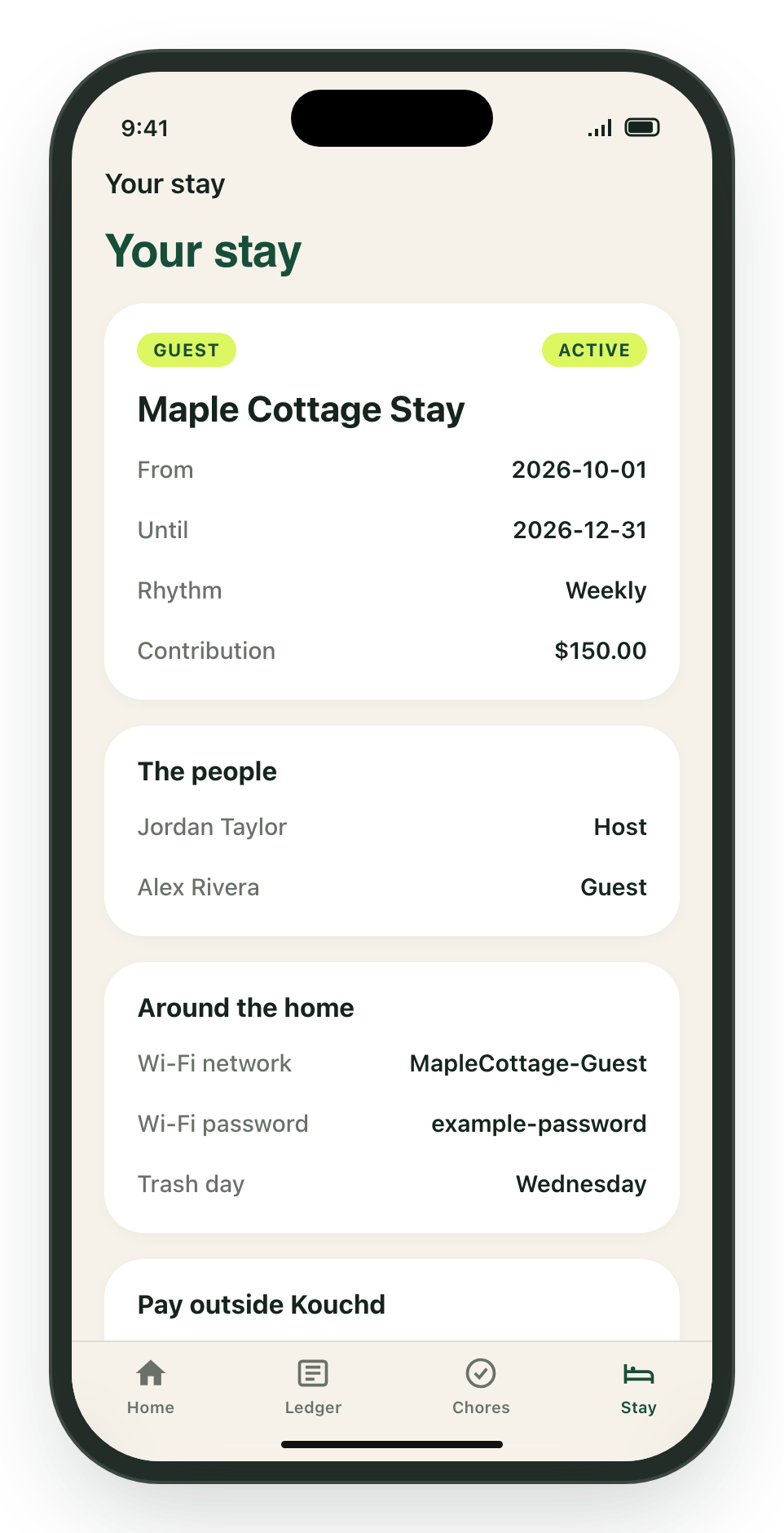 Kouchd iPhone Stay tab showing stay dates, rhythm, household members, house details, and an outside payment option