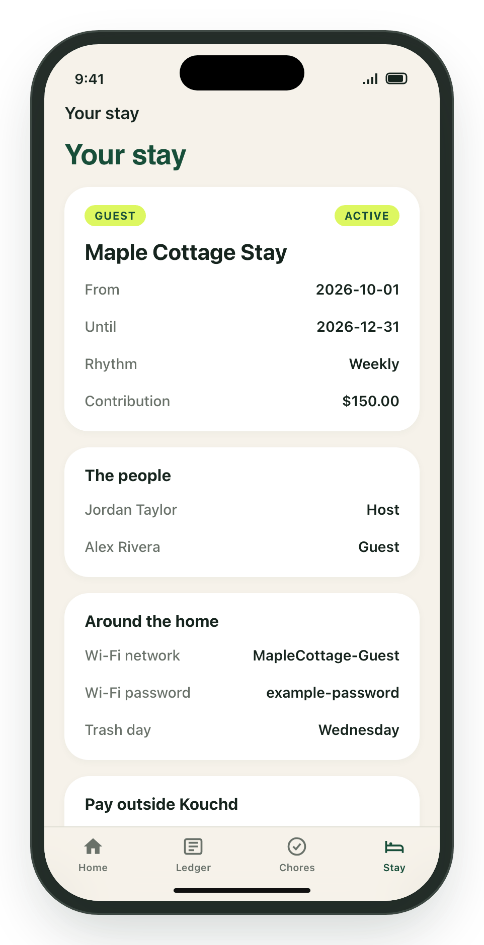 Kouchd iPhone Stay tab showing stay dates, rhythm, household members, house details, and an outside payment option