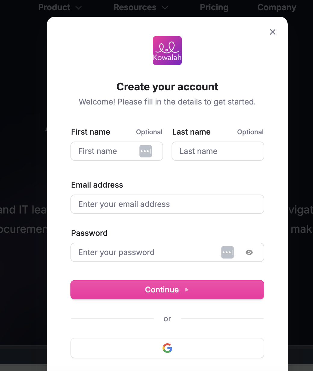 Kowalah signup screen