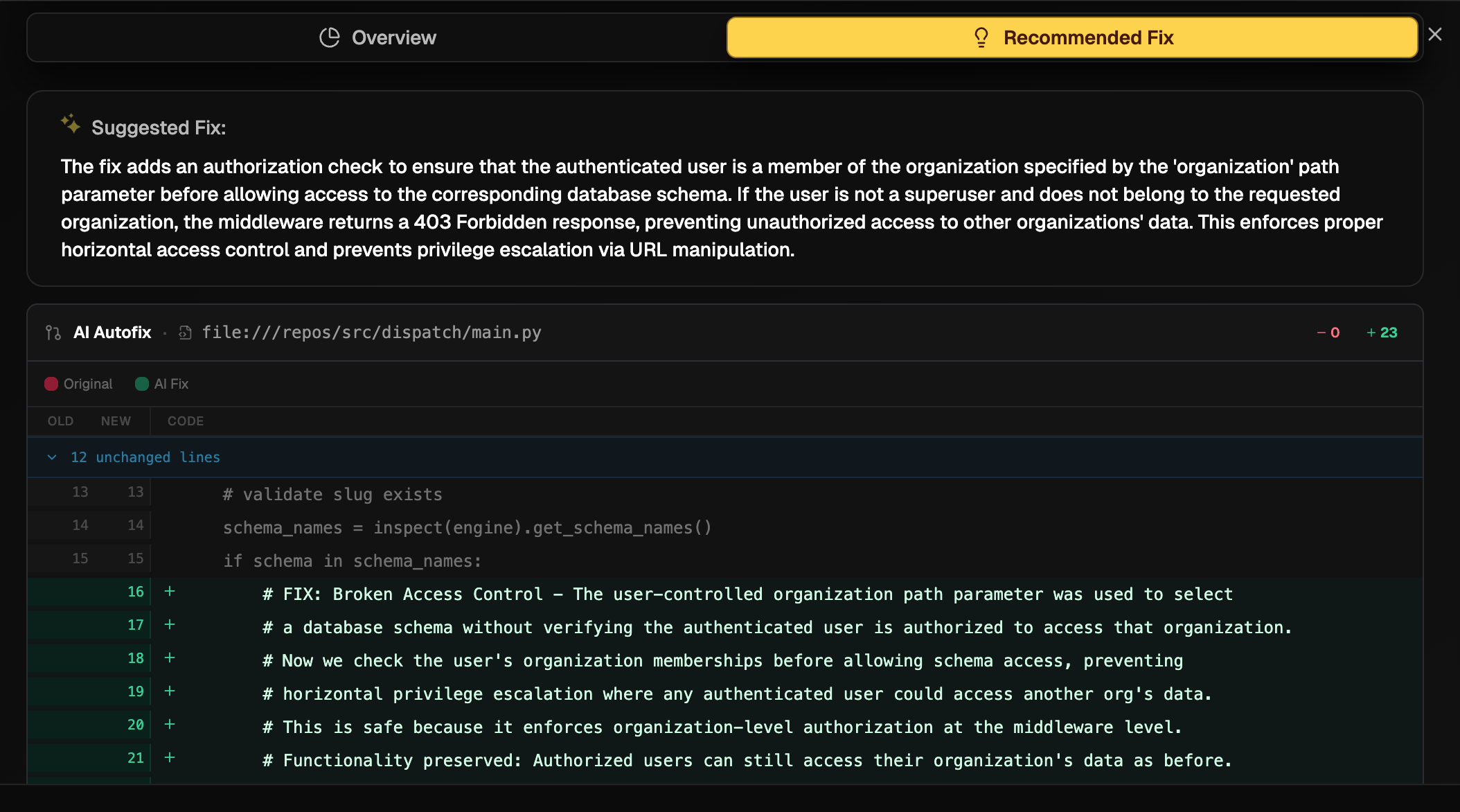 Recommended fix and Autofix PR for API vulnerability