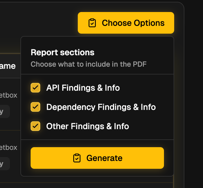 Section selection dropdown for Posture Intelligence Report