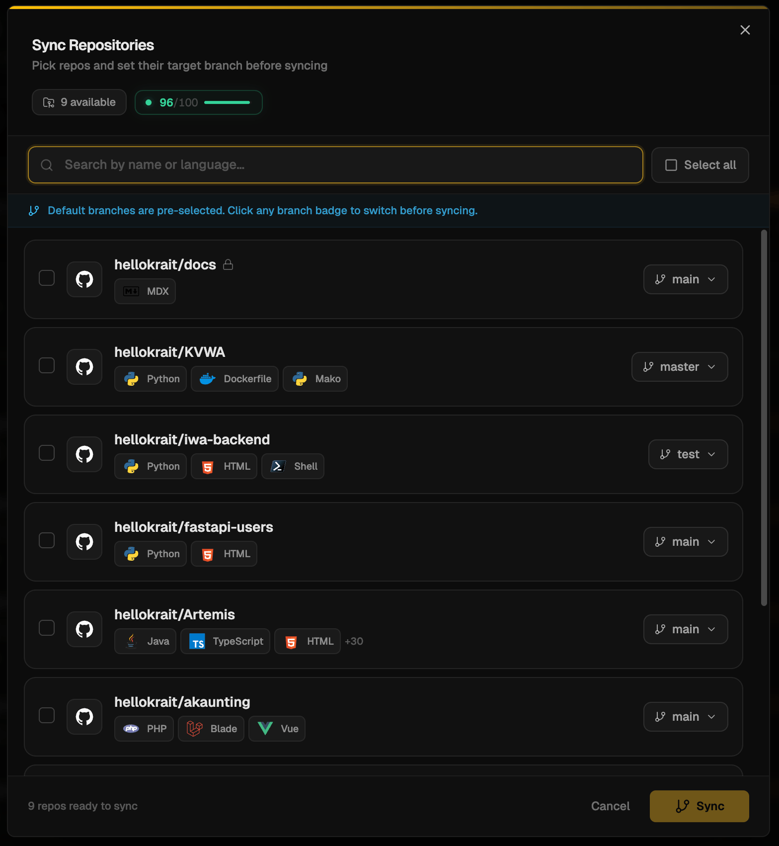 sync repositories Sync repositories interface