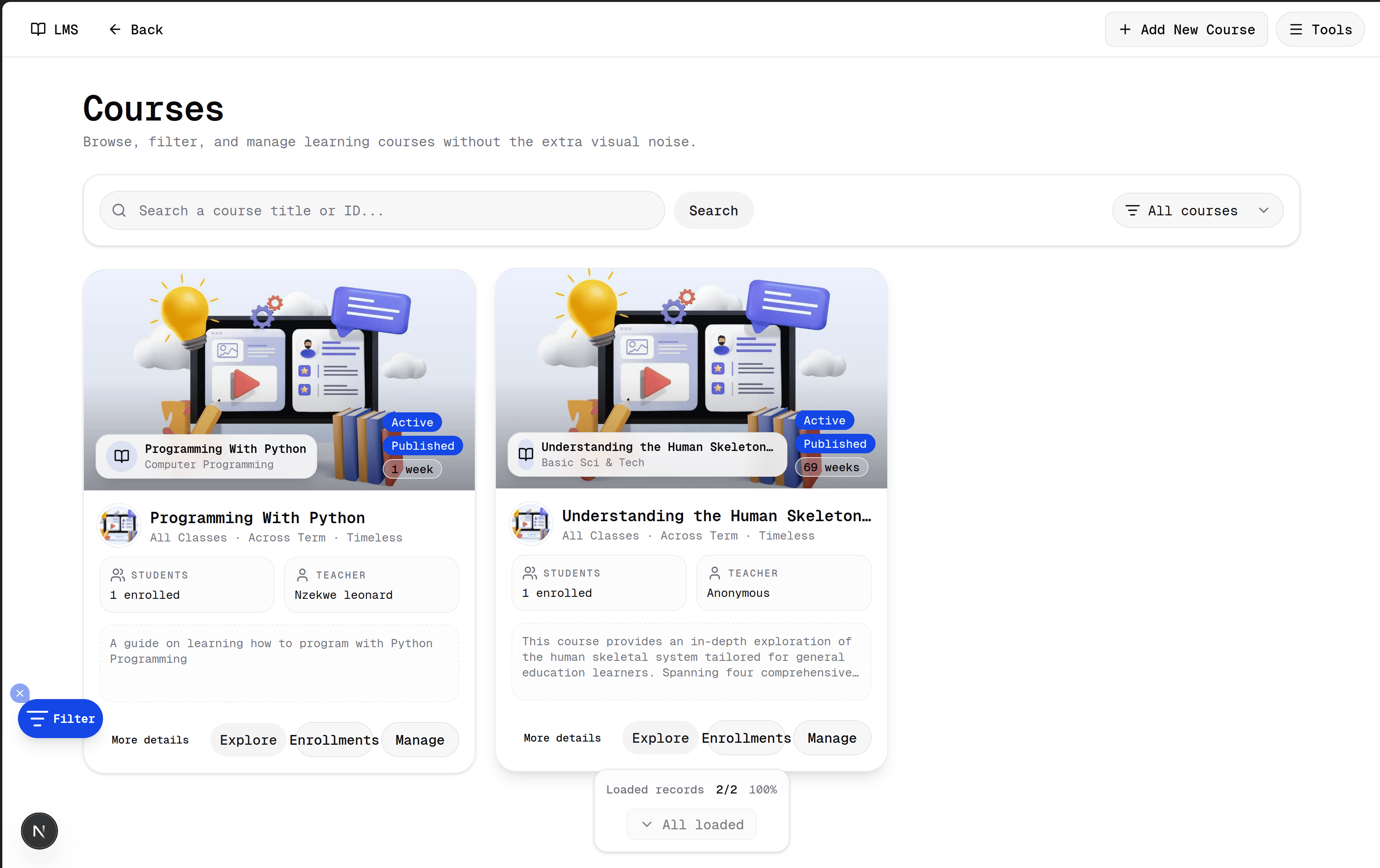 Kralis LMS courses page