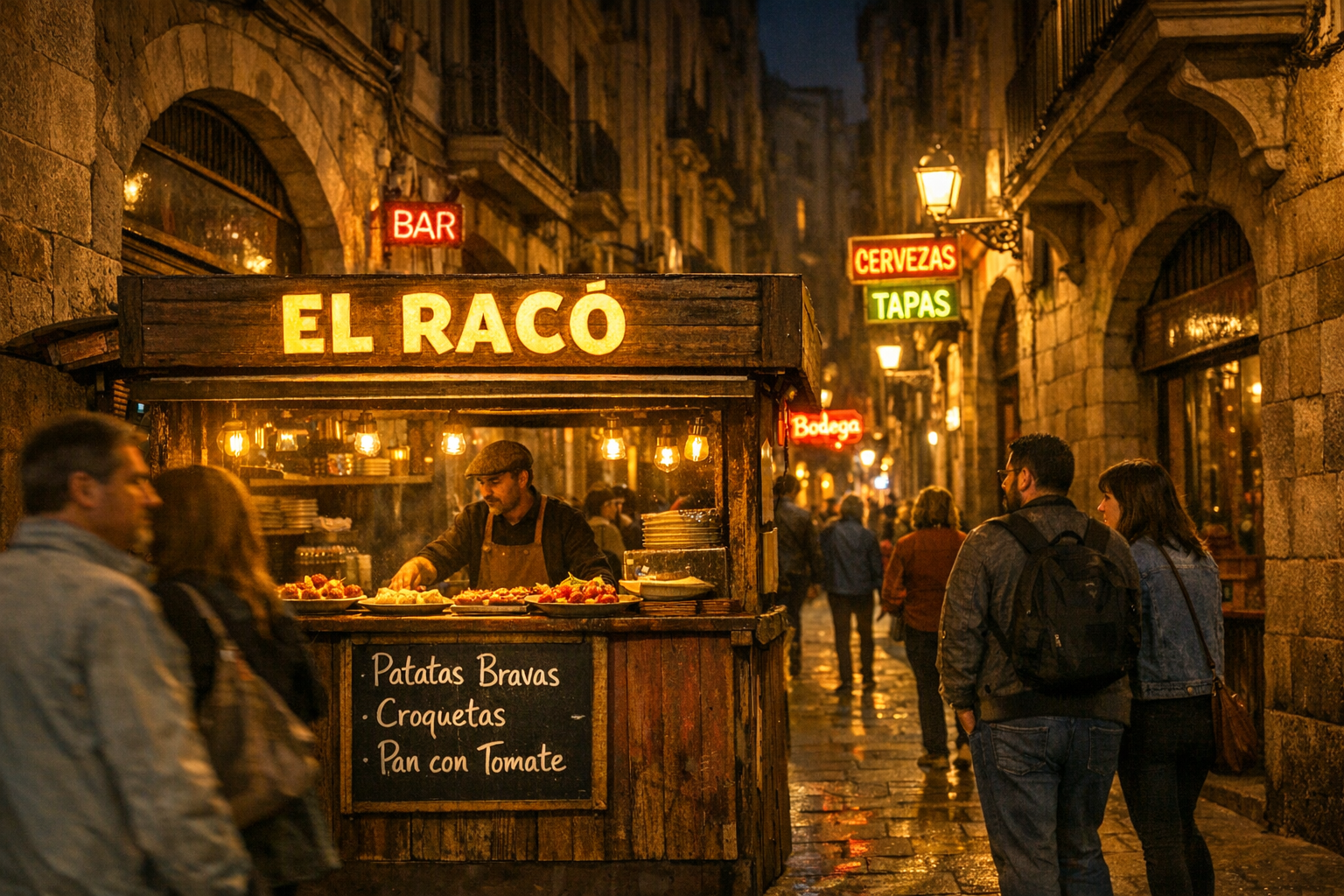 A Photorealistic Night Scene On A Narrow Barcelona Street Warm Amber Streetlights Gothic Quarter A W6gluq1p0vlaxp7cvtll 1