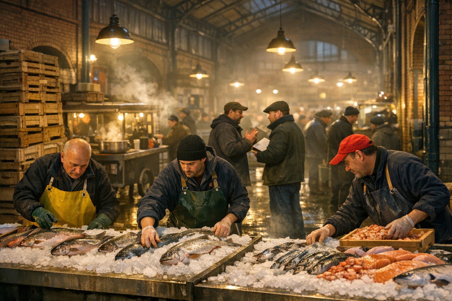 A Busy Berlin Market Hall At 5am Three Vendors In Rubber Aprons Arranging Fresh Fish On Crushed Ice 77hnonwv5pjlnu91pdfh 0