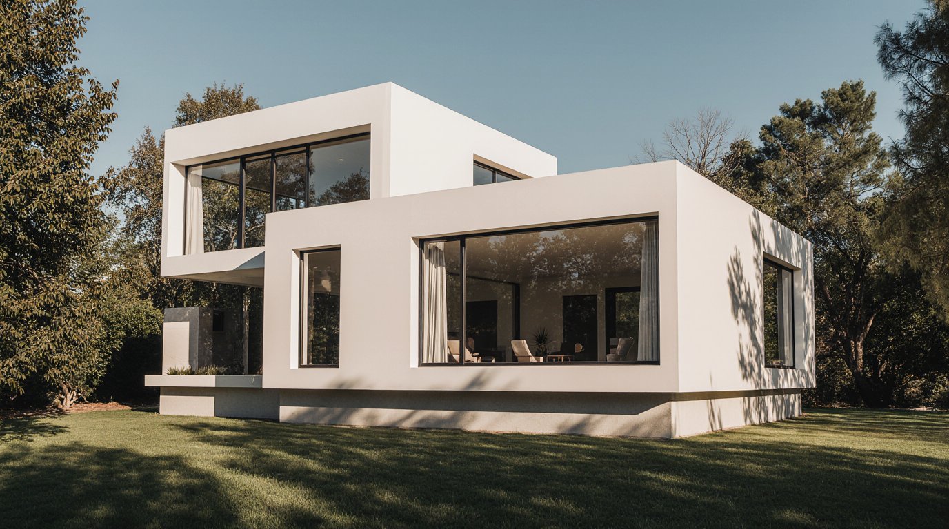Modern Residential House White Stucco Facade Large Glass Windows Concrete Base Surrounded By Mature Lopv5yhyrf1rk9o2de3d 0