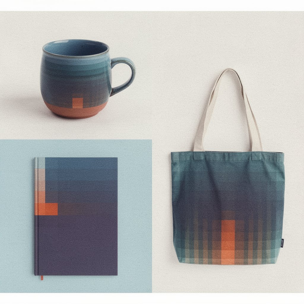 Three Product Shots Of A Ceramic Mug A Hardcover Notebook And A Canvas Tote Bag All Rendered In Exa 5zsj990wyhdutdablo0m 0
