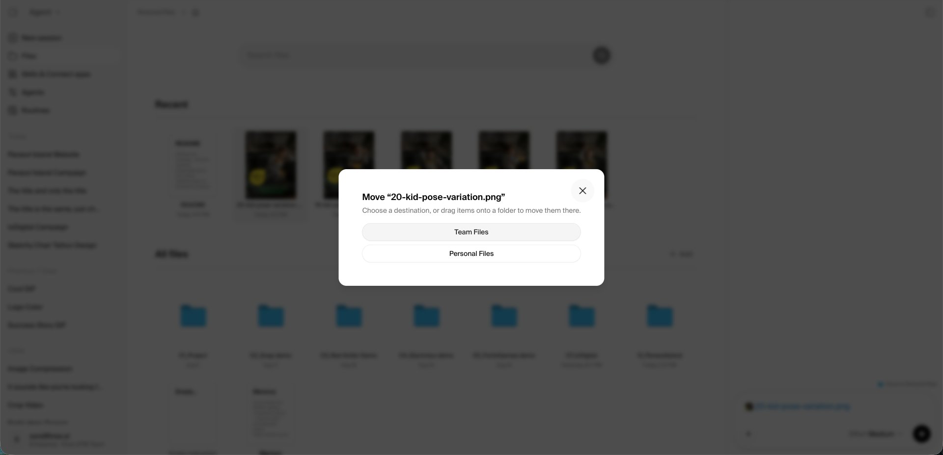 Agent file move dialog offering Team Files and Personal Files as destinations