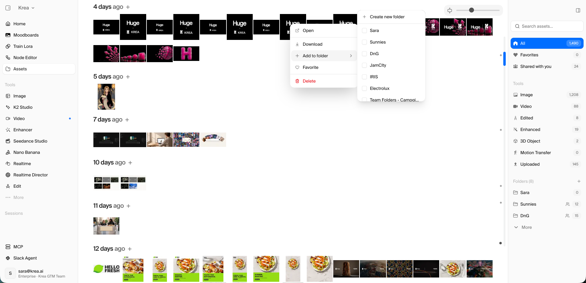 Assets selection with the Add to folder menu open and the Folders panel on the right