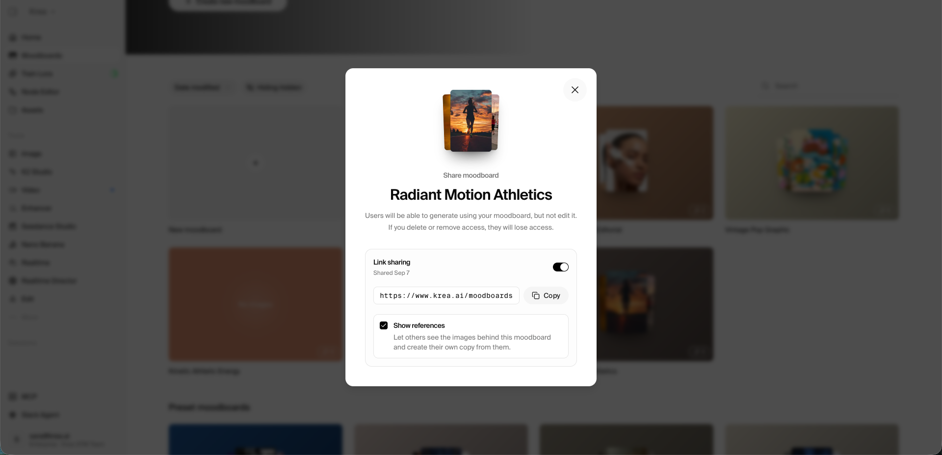 Share moodboard dialog showing the Link sharing and Show references controls
