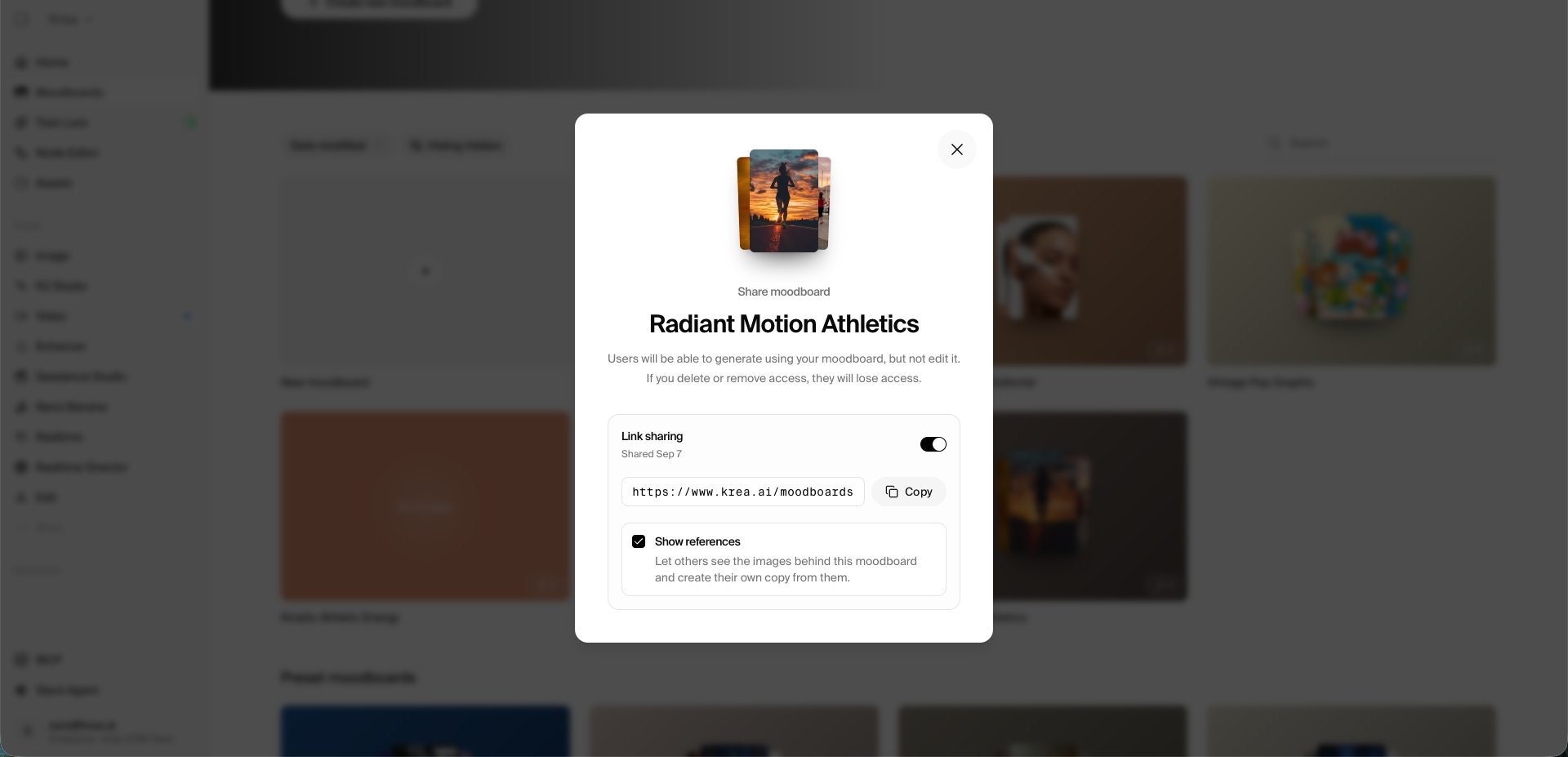 Share moodboard dialog showing the Link sharing and Show references controls