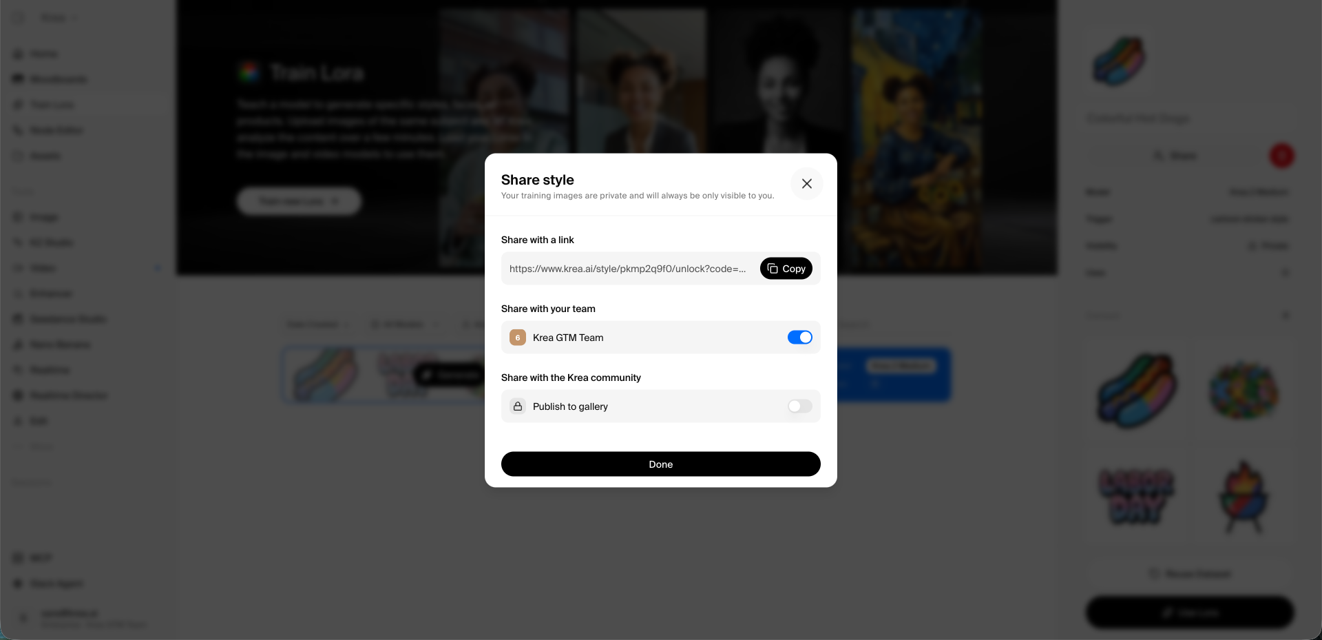 Share style dialog with the workspace toggle enabled under Share with your team