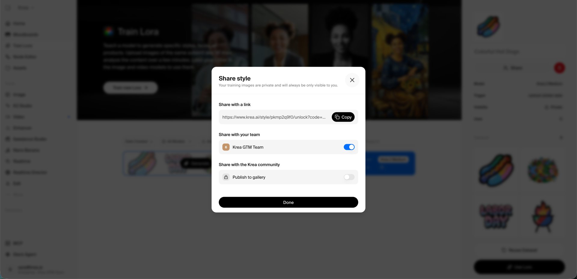 Share style dialog with the workspace toggle enabled under Share with your team