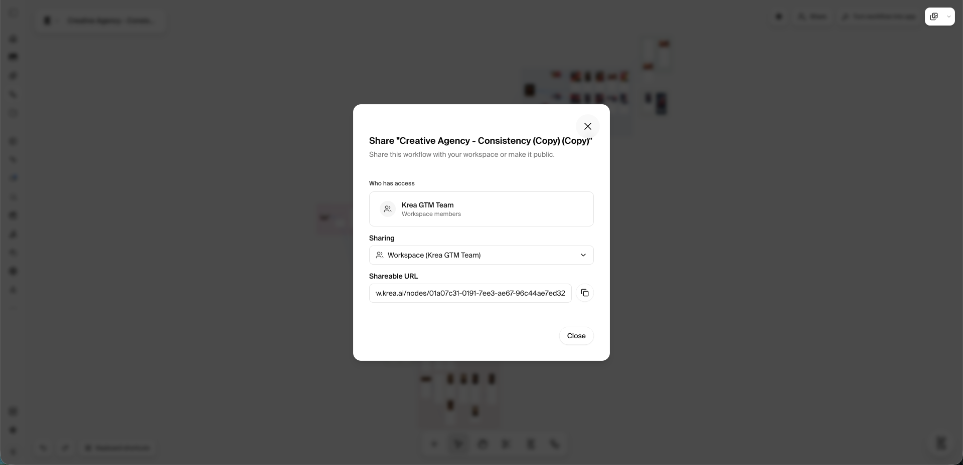 Workflow Share dialog with Sharing set to Workspace and a shareable URL below