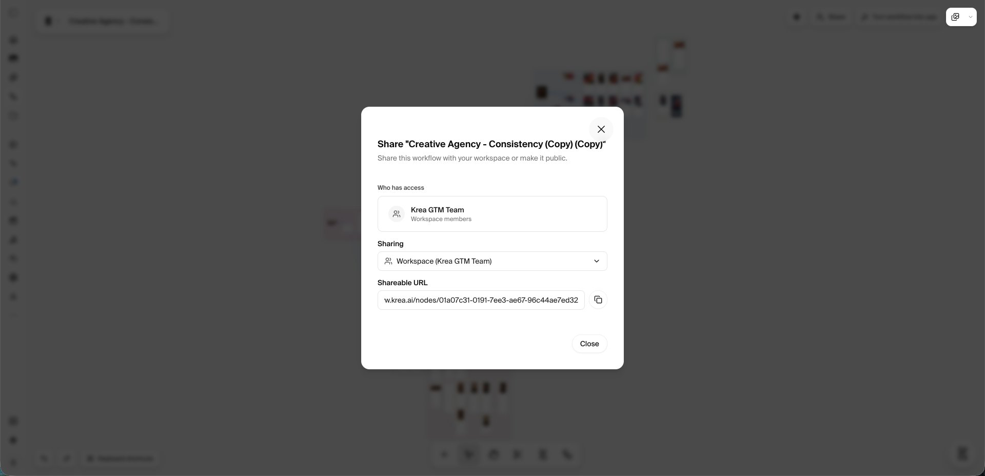 Workflow Share dialog with Sharing set to Workspace and a shareable URL below