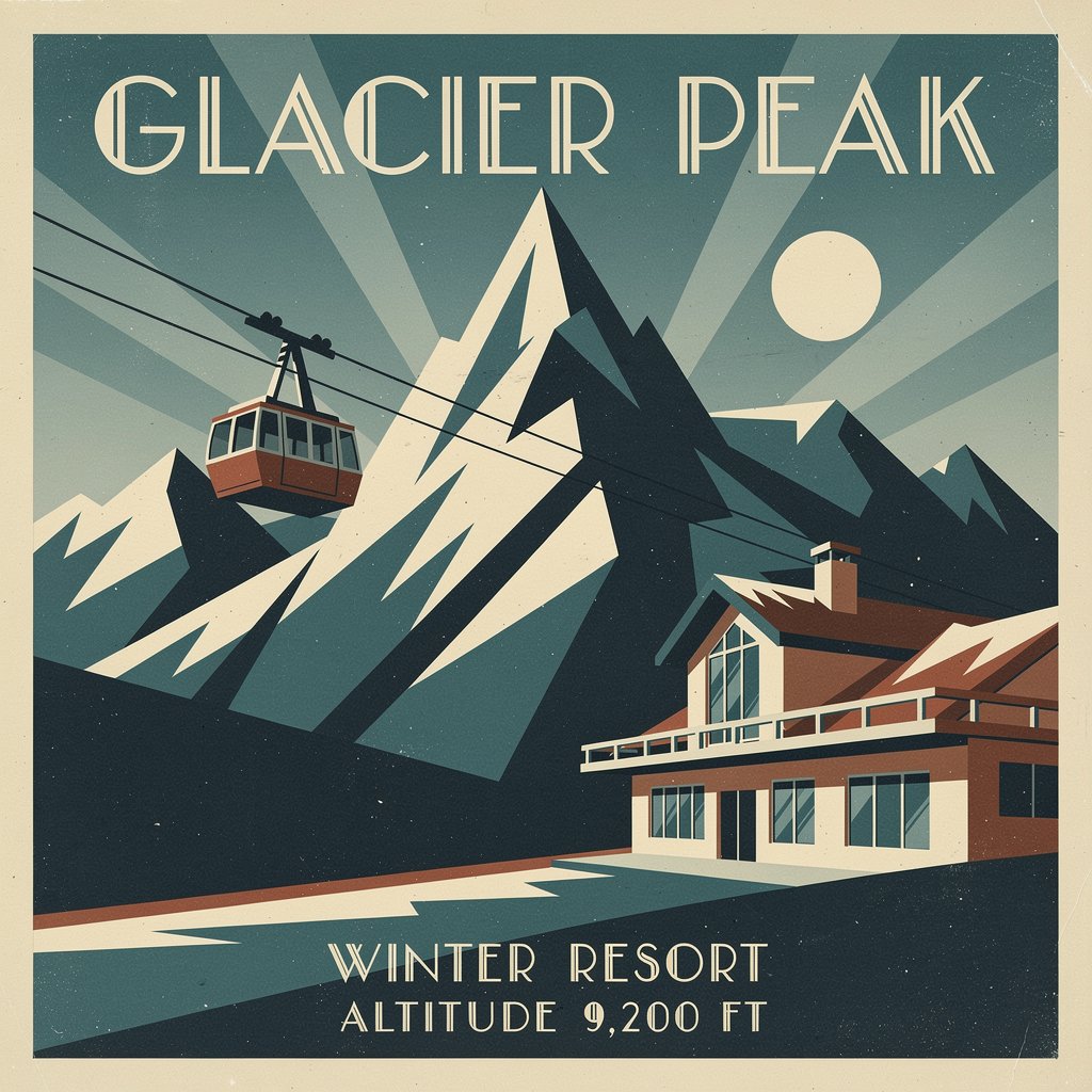 A Vintage Travel Poster For A Fictional Mountain Resort Called Glacier Peak Bold Geometric Shapes L M5neg5um8gi1pkttbp5q 0