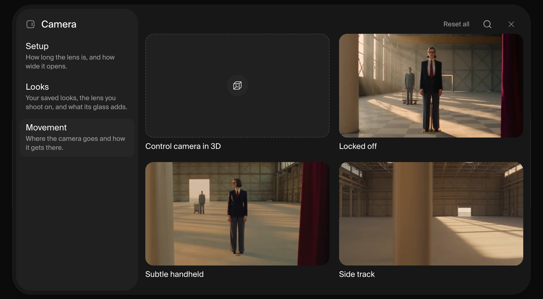 Camera-Movement-Tab mit 3D-Kamerasteuerung und visuellen Bewegungsbeispielen.