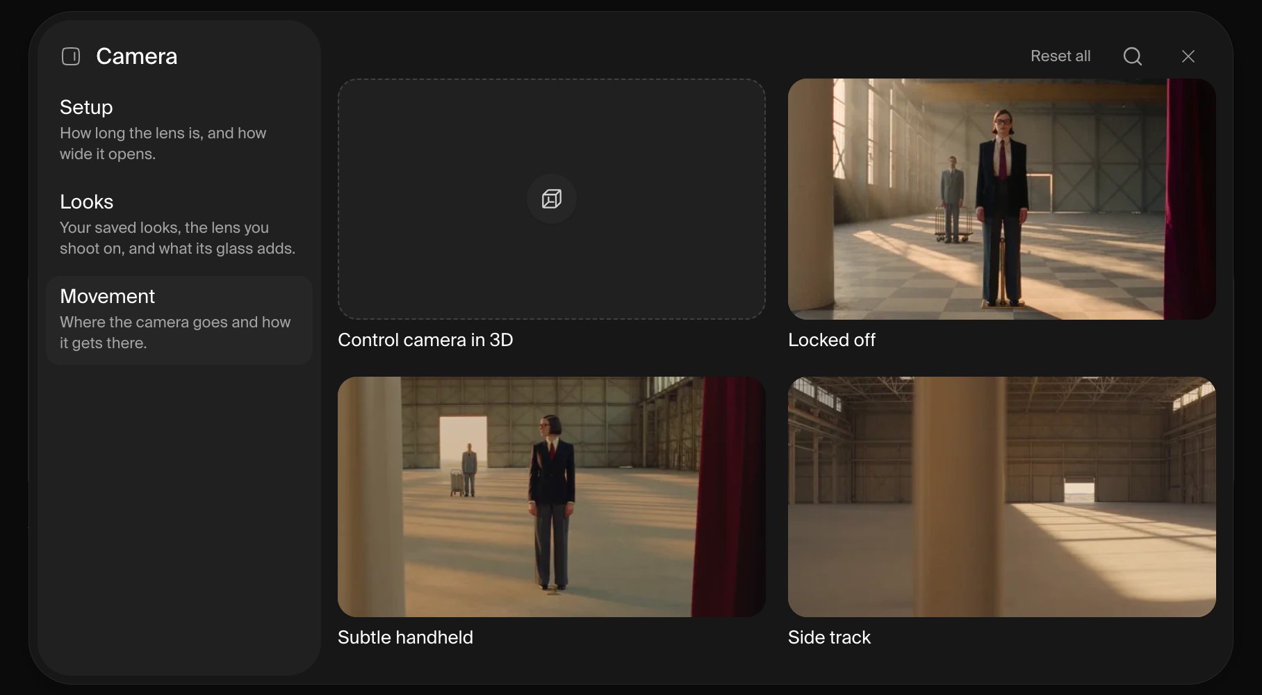 Camera Movement tab with 3D camera control and visual movement examples.