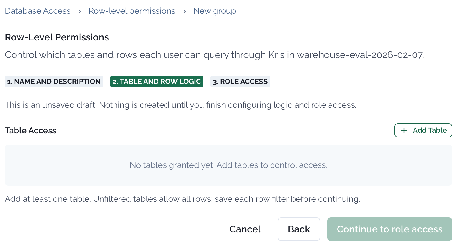 New group window on the Table and Row Logic step