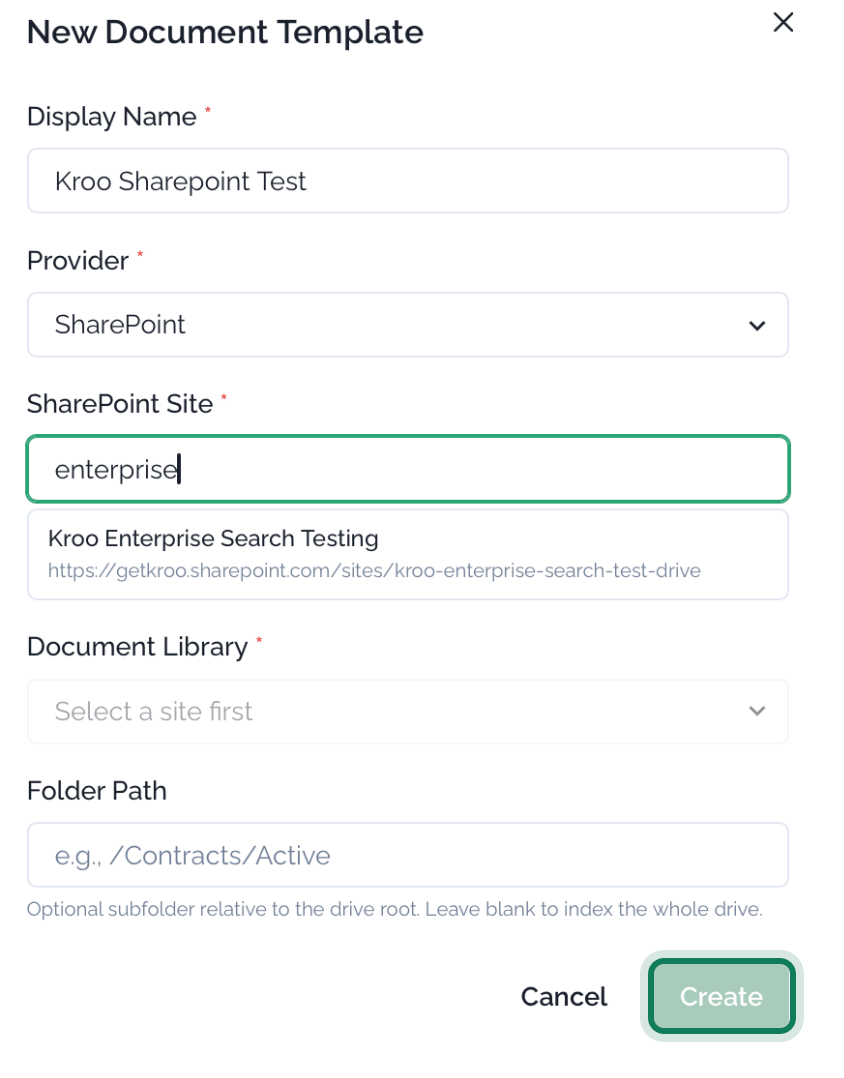 New Document Template dialog with SharePoint site selection