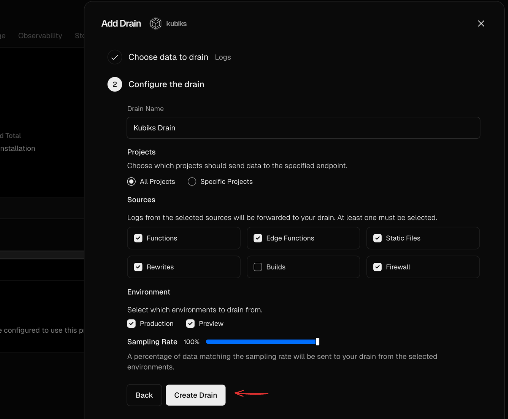 Configure and create drain