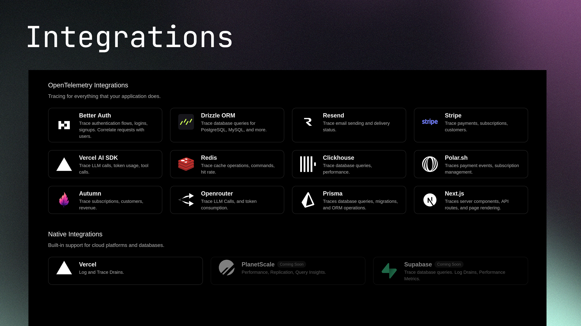 Available integrations including Better Auth, Drizzle, Resend, Stripe, and more
