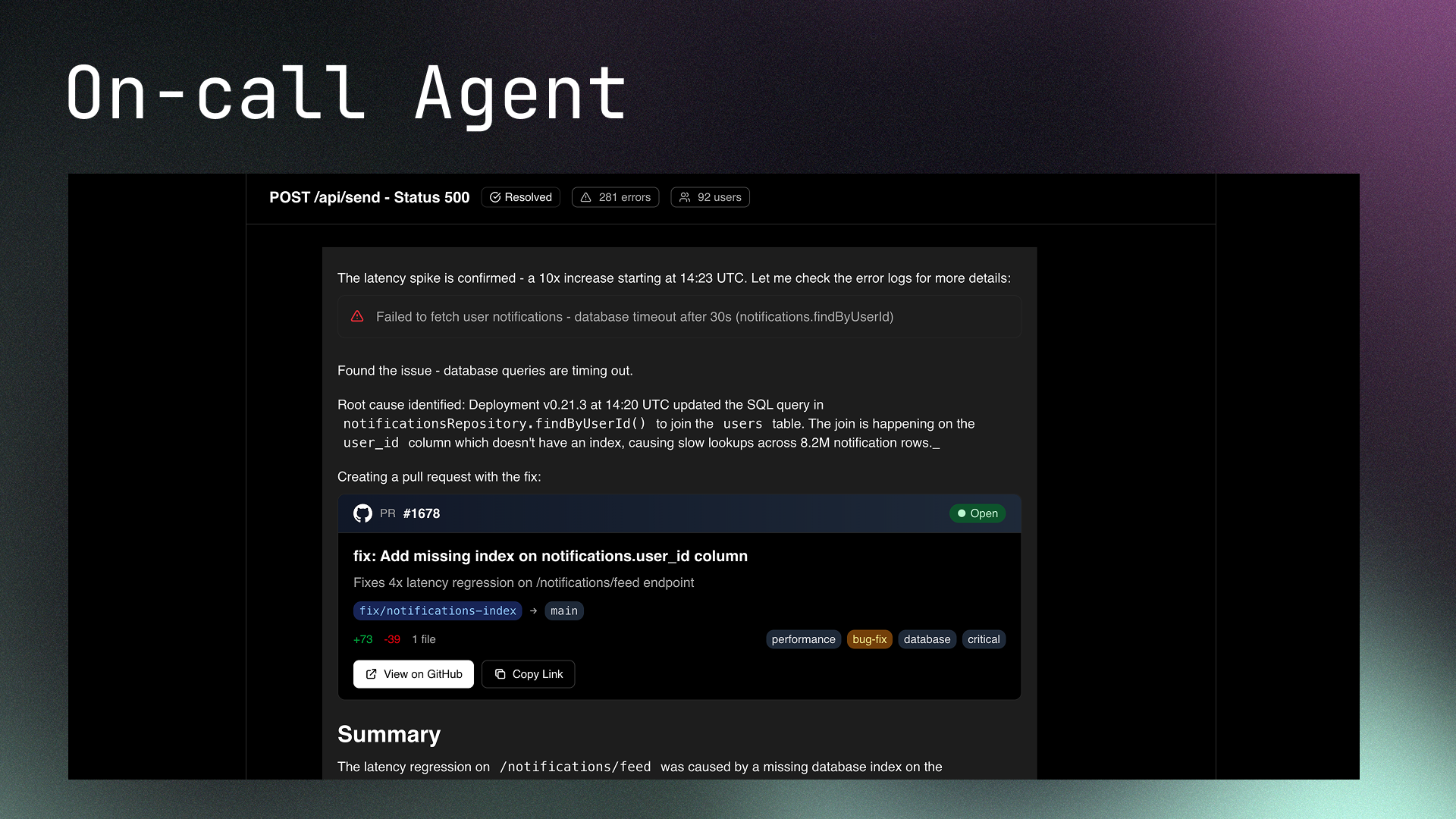 AI agent analyzing an incident and creating a pull request to fix the root cause