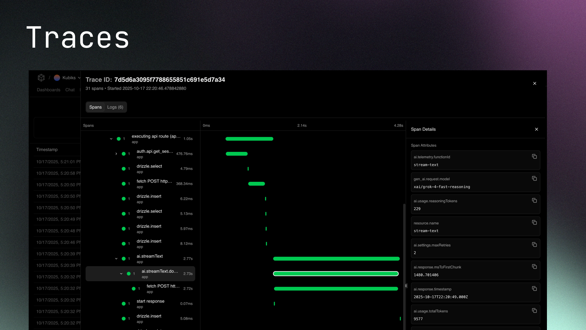Distributed tracing view showing request spans, timing, and detailed attributes