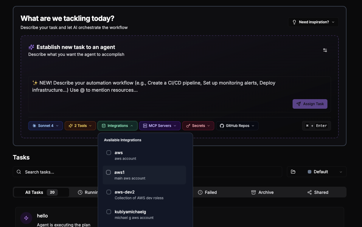 Available Integrations Dropdown