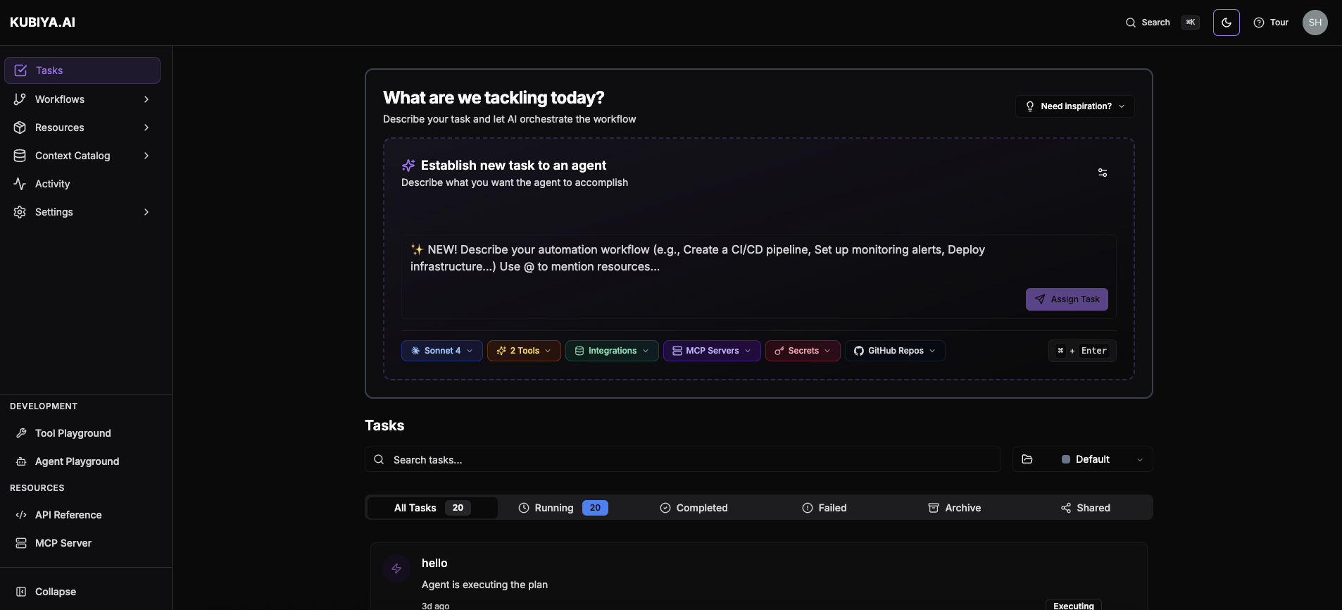 Kubiya Platform Overview - Dark Mode