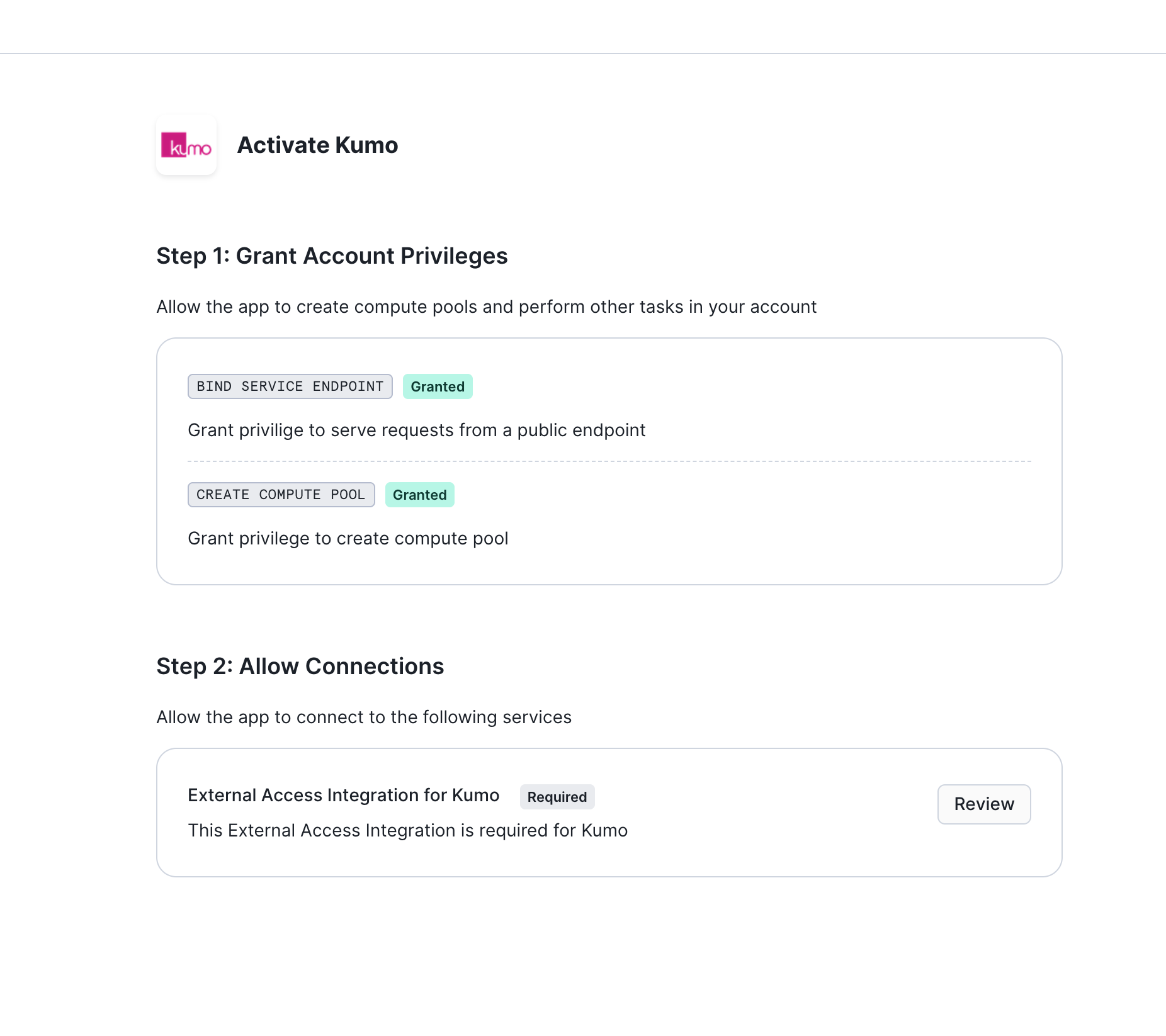 Click "Review" to review external access integration for Kumo