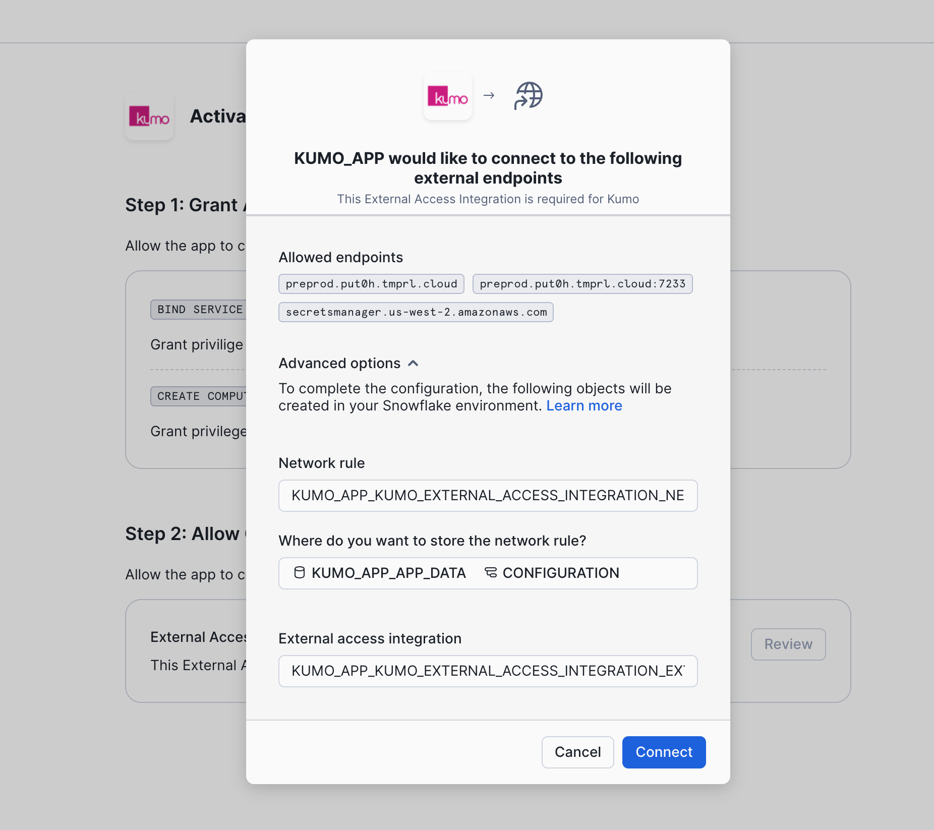 Click "Connect" to create external access integration for Kumo