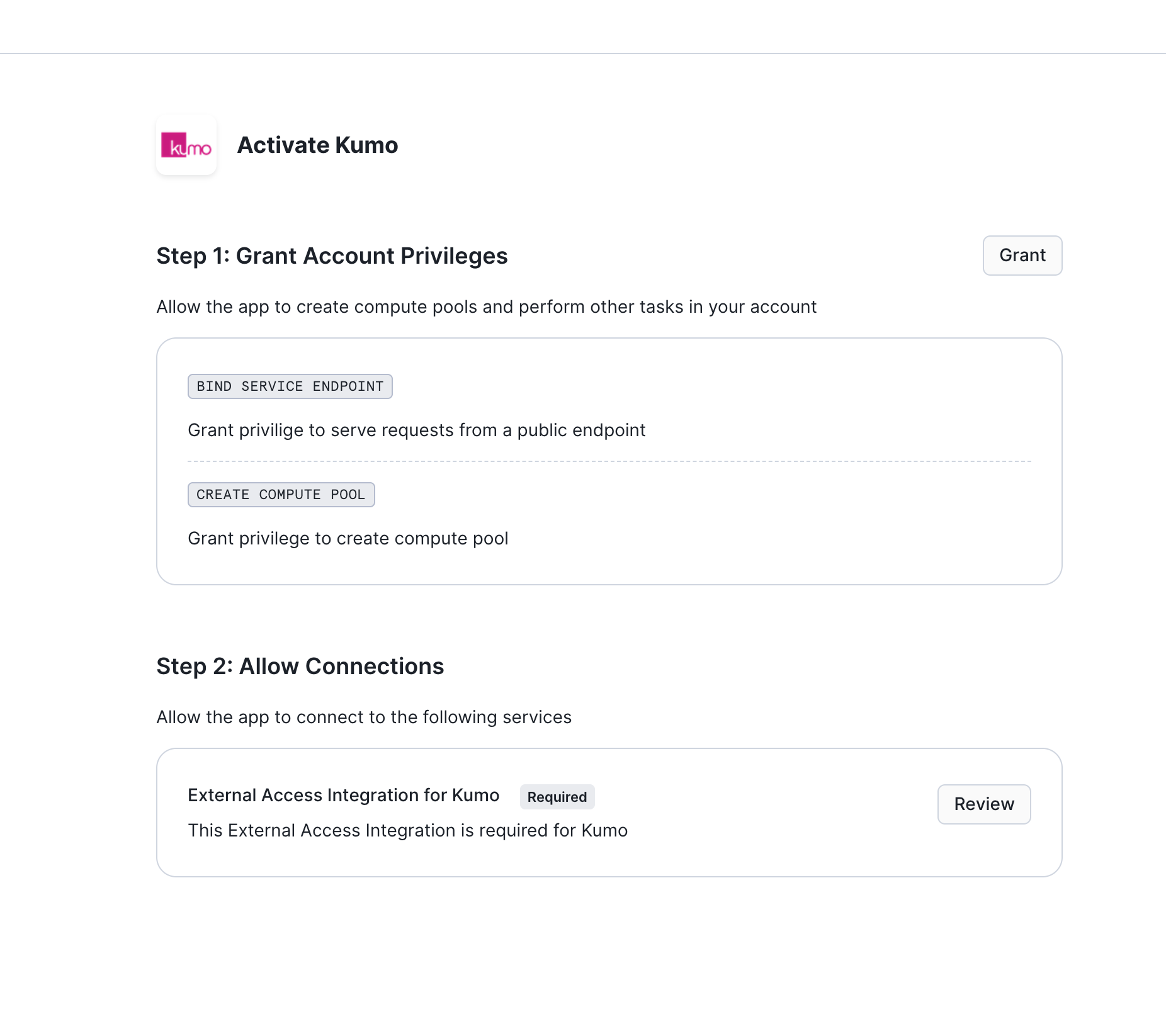 Click "Grant" to grant required privileges to Kumo
