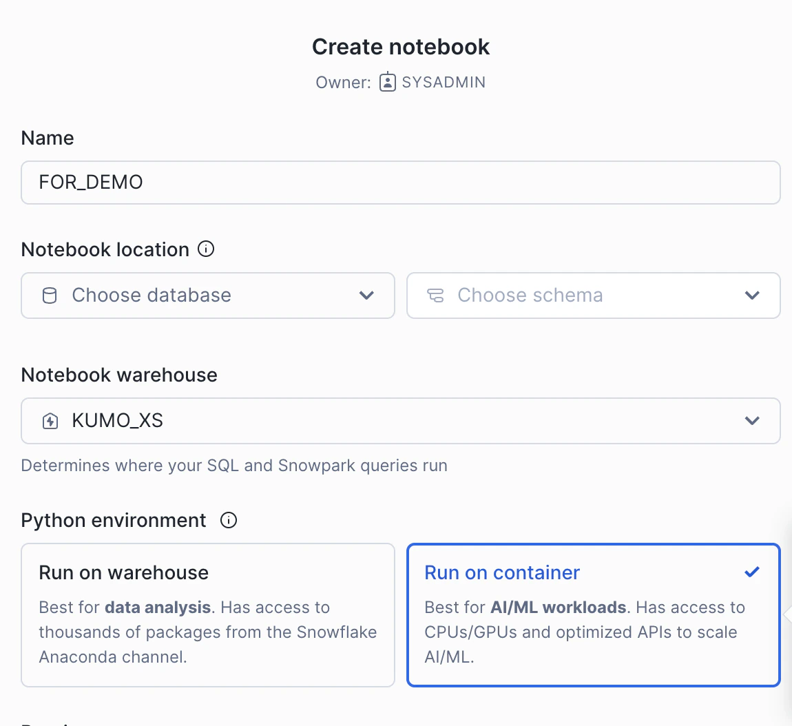 Snowflake Notebook Configuration