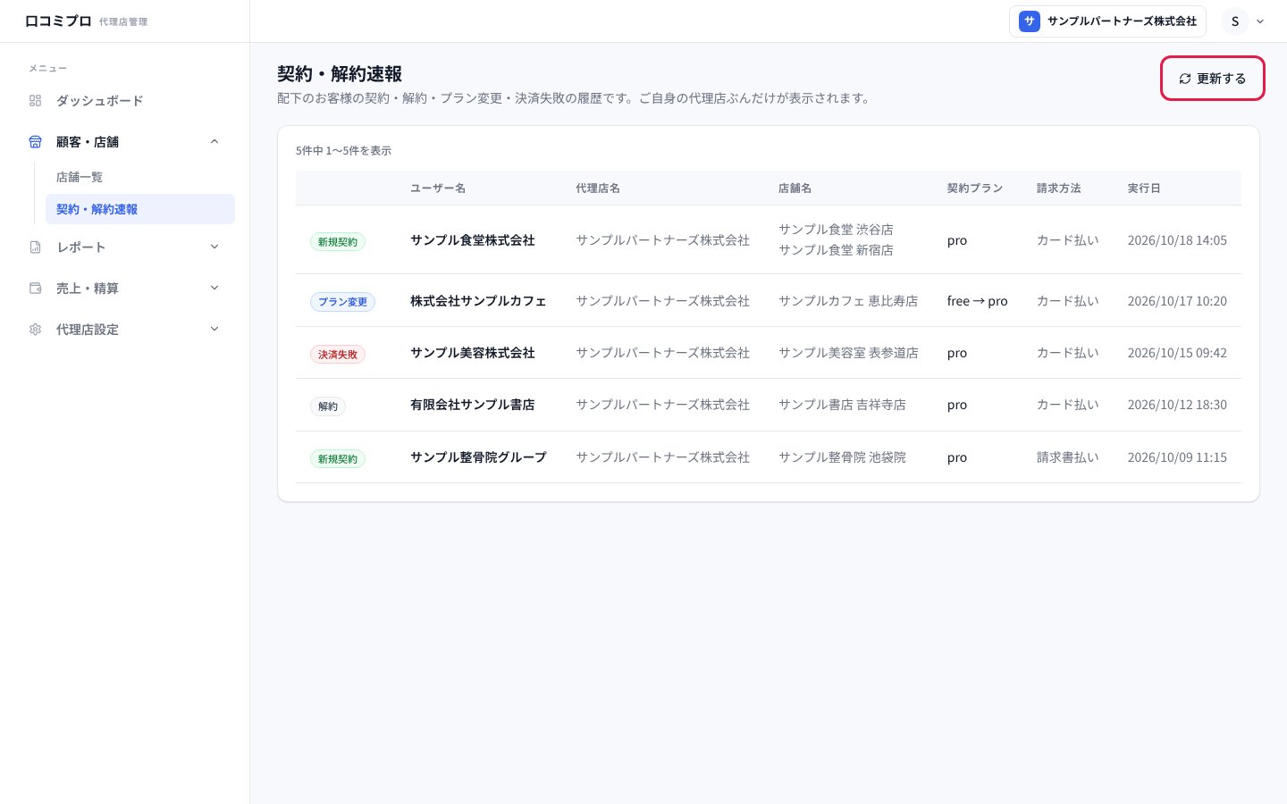 右上の「更新する」を押す画面