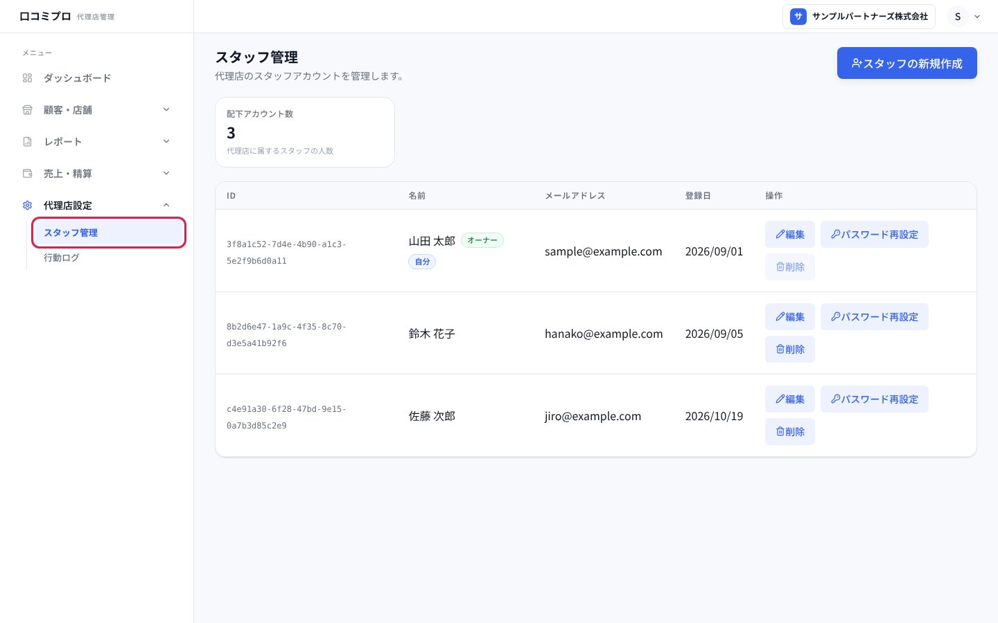 「代理店設定」の中の「スタッフ管理」を開いた画面
