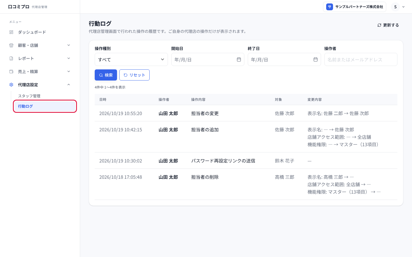 「代理店設定」の中の「行動ログ」を開いた画面
