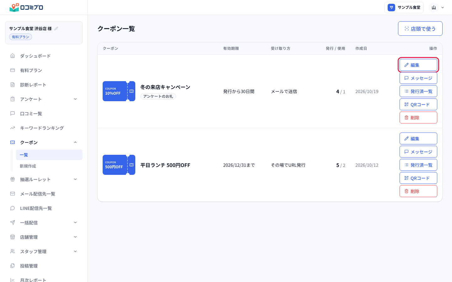 左のメニューの「クーポン」の「一覧」を開き、直したいクーポンの「編集」を押す