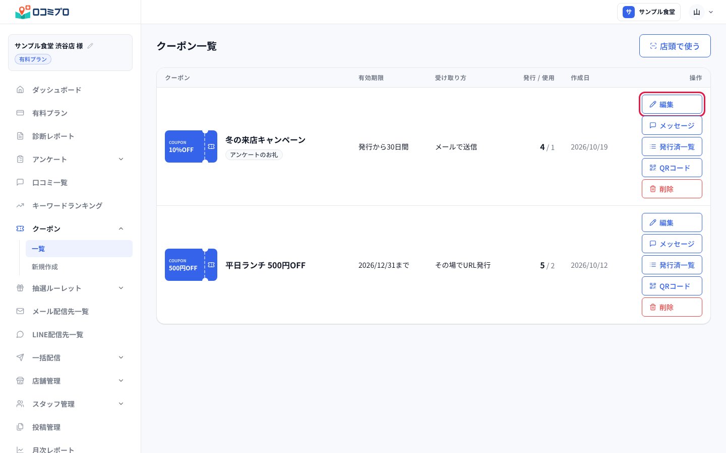 左のメニューの「クーポン」の「一覧」を開き、直したいクーポンの「編集」を押す